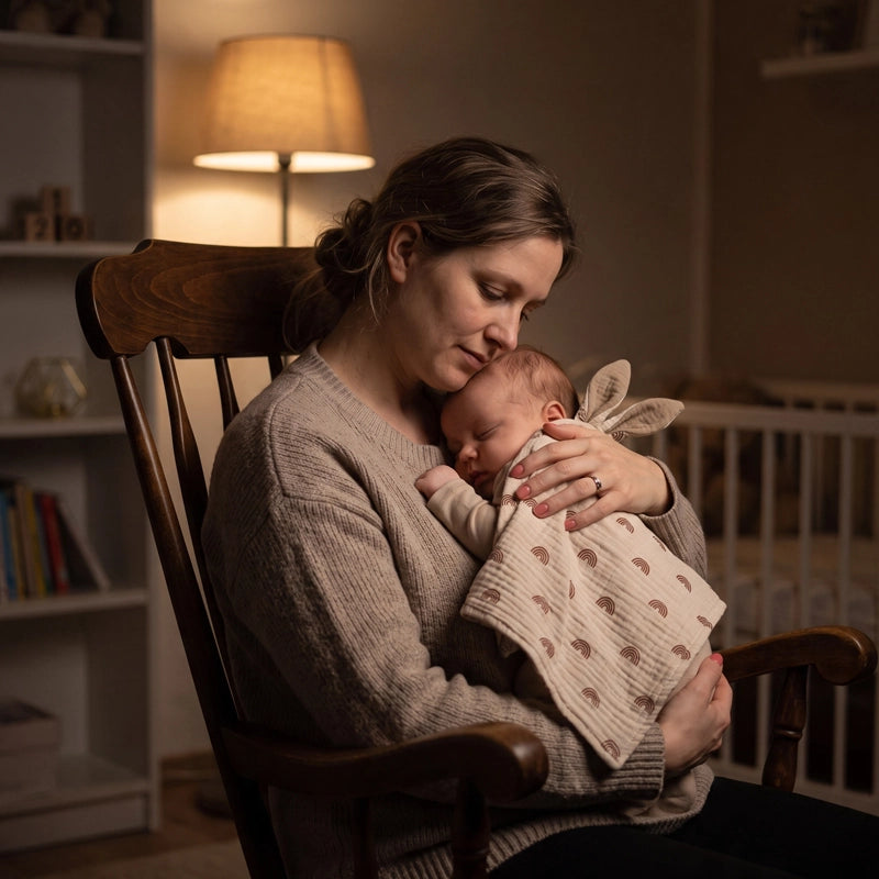 Maman berce bébé avec son lapin doudou