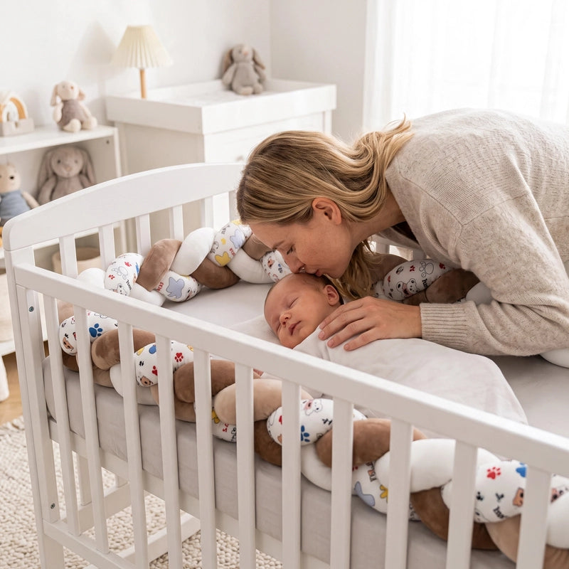 Maman embrasse fiston dans son berceau avec tresse de lit bébé