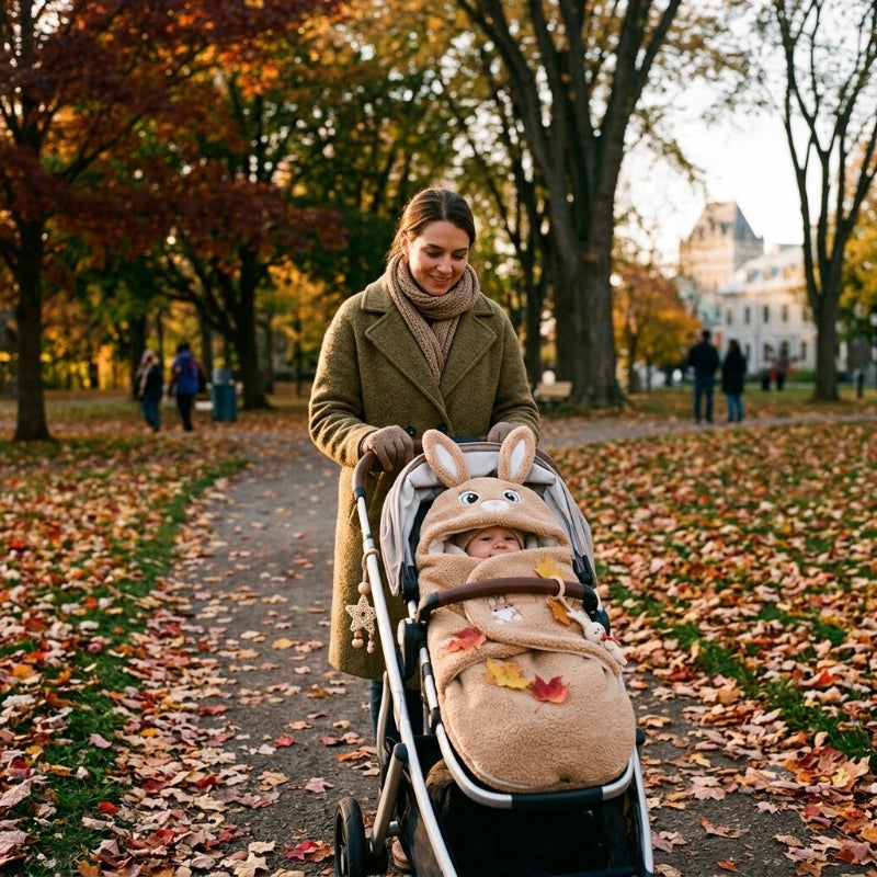 Maman en balade dans le parc avec bébé dans son nid d'ange fin automne