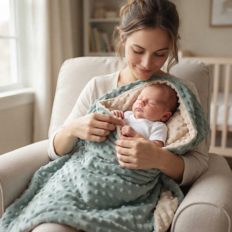 Maman enveloppe tendrement bébé dans sa couverture bebe