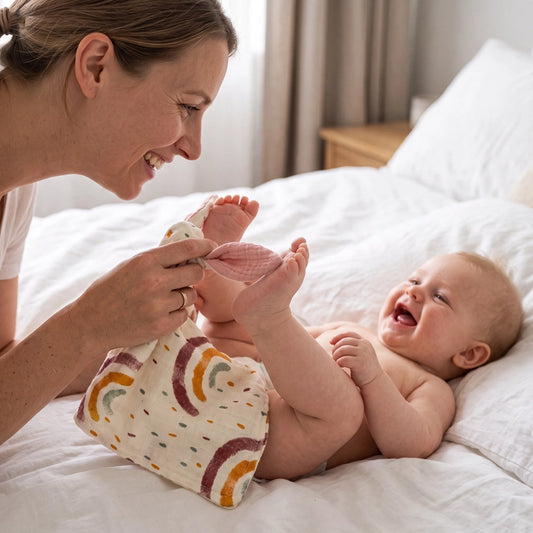 Maman et bébé avec lapin doudou arc en ciel
