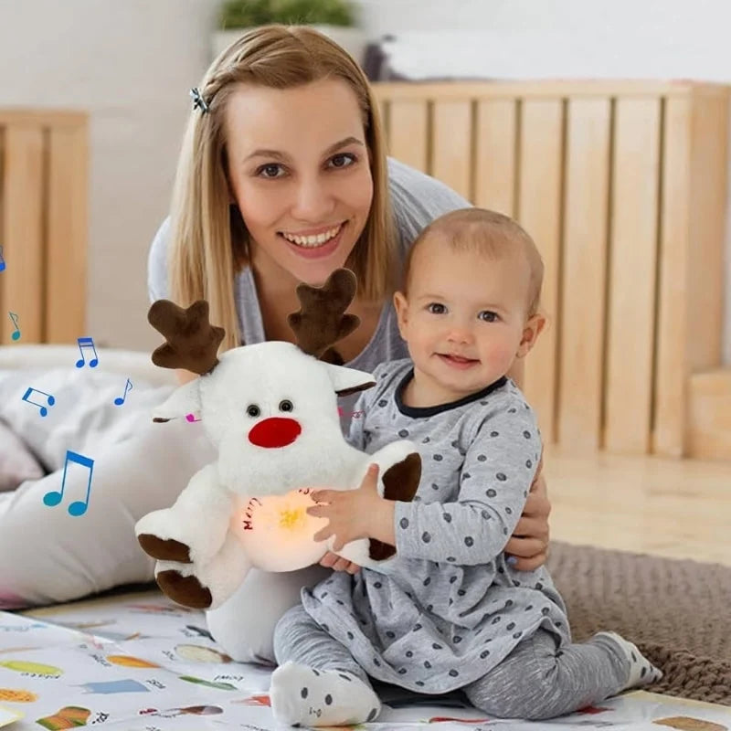 Maman et bébé contents avec petit renne au nez rouge blanc