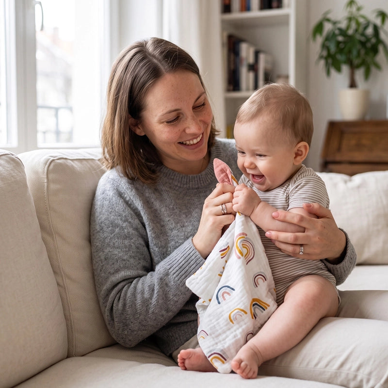 Maman et bébé s'amusent avec lapin doudou