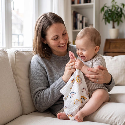 Maman et bébé s'amusent avec lapin doudou