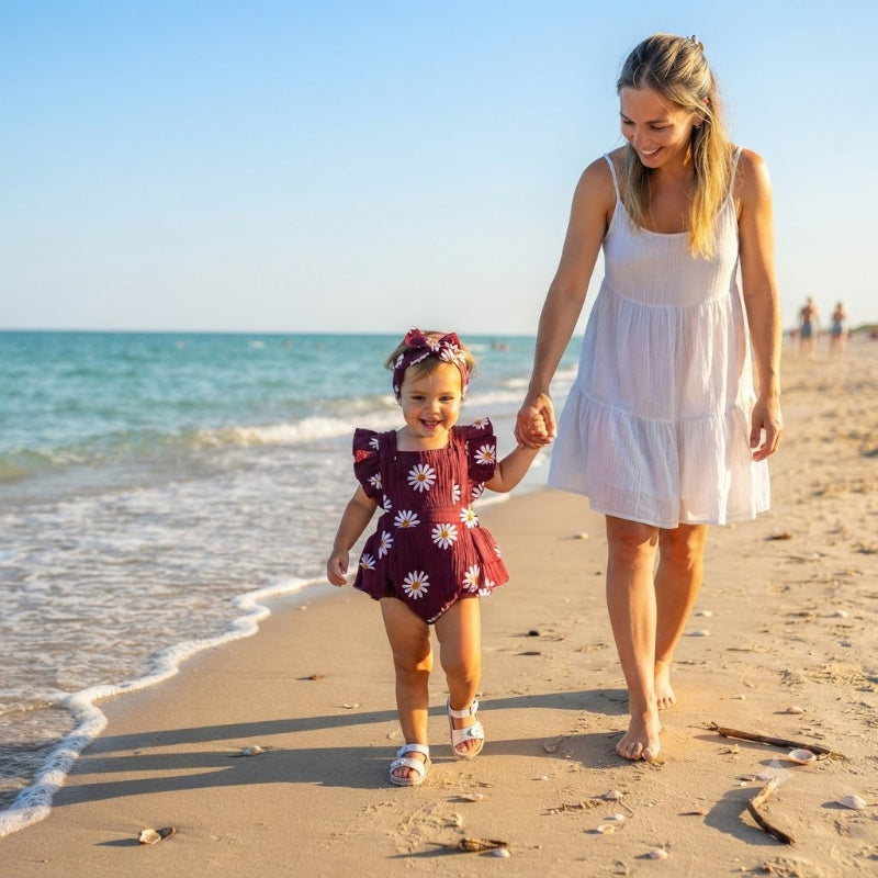 Maman et sa fille dans sa barboteuse rouge sur la plage