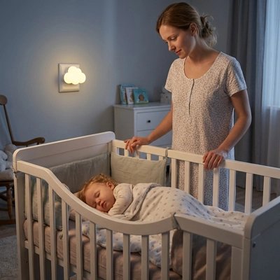 Maman peut voir bébé grâce à veilleuse murale bebe