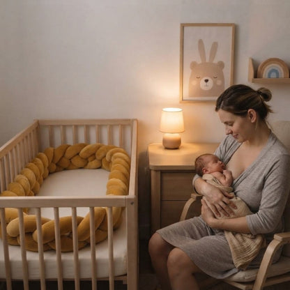 Maman qui allaite près du berceau avec tour de lit tressé jaune