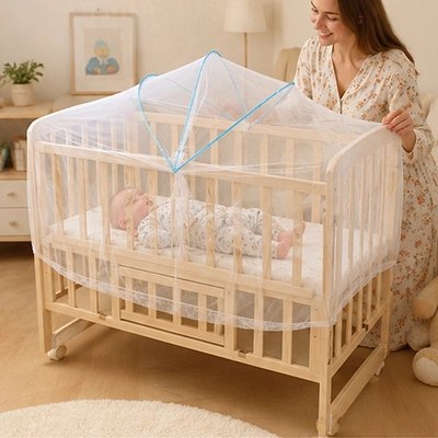 Maman qui vient chercher bébé dans son berceau sous sa moustiquaire bebe lit