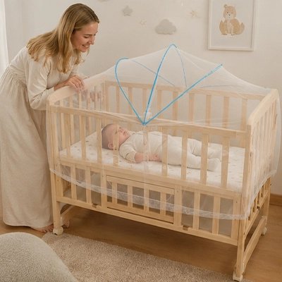 Maman vient chercher son bébé dans le berceau sous moustiquaire bebe lit