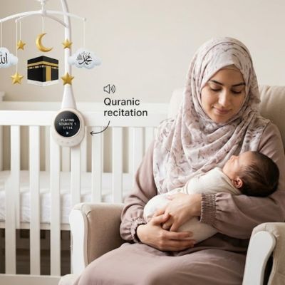 Mère voilé qui berce bébé au son du mobile musical