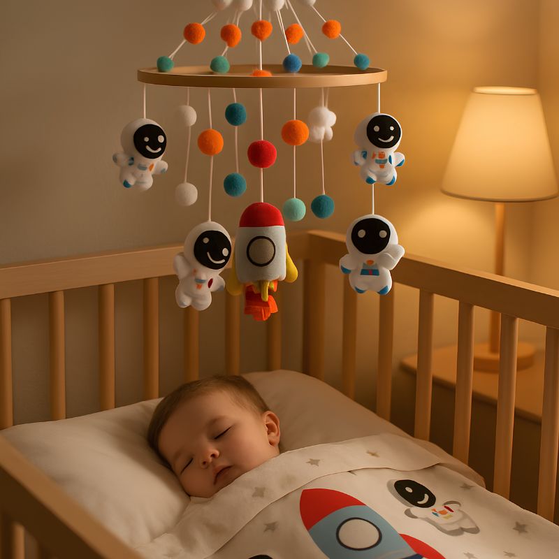 Mobile lit bebe astronaute et garçon dort