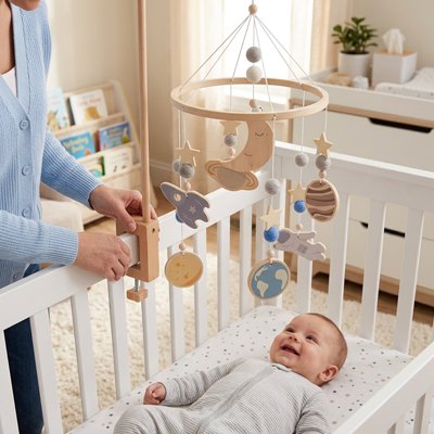 Mobile-lit-bebe-avec-bébé-qui-sourit