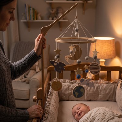 Mobile-lit-bebe-planète-au-dessus de-bébé-qui-dort