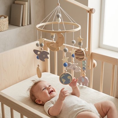 Mobile-lit-bebe-planète-au-dessus de-bébé-qui - gazouille