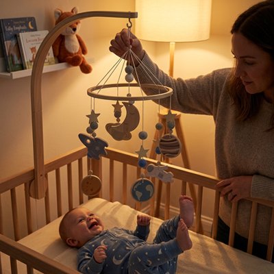 Mobile-lit-bebe-planète-au-dessus de-bébé-qui s'amuse