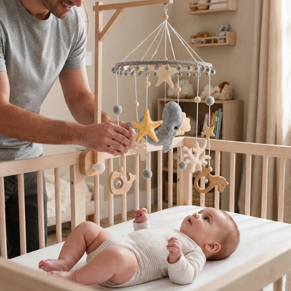 Papa installe mobile bebe sous yeux de bébé