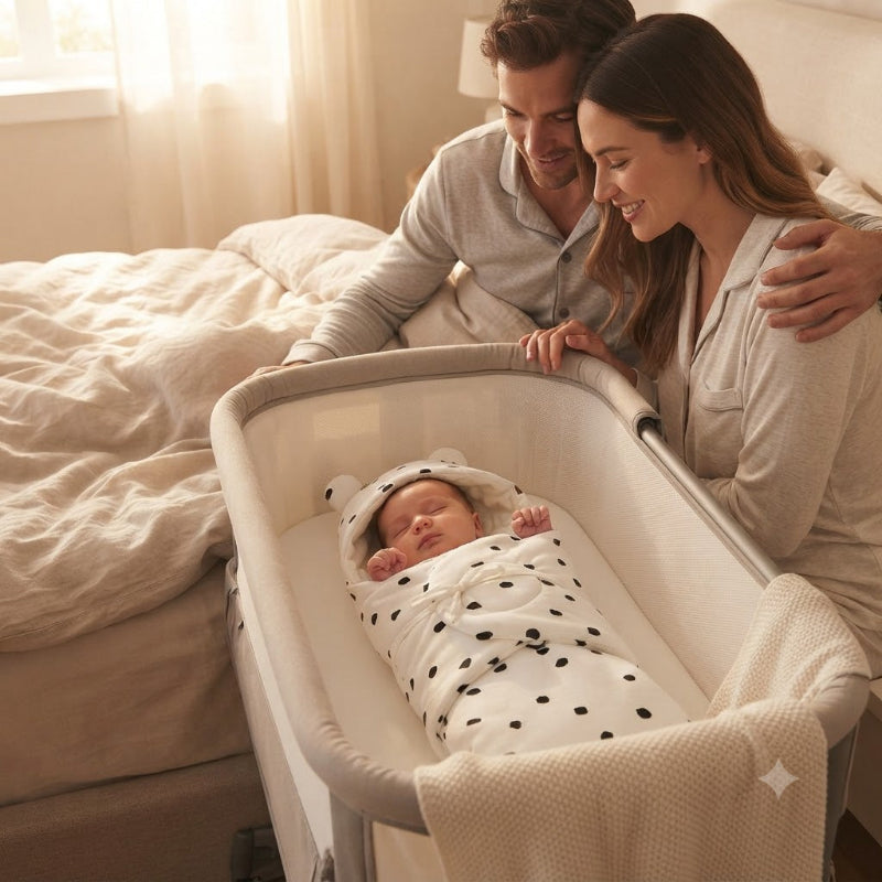 Papa-maman, au matin, regarde bébé dormir dans son nid dange bebe