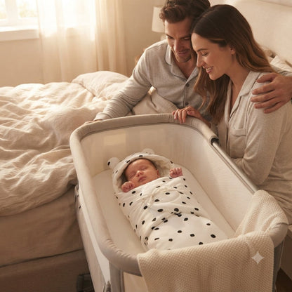 Papa-maman, au matin, regarde bébé dormir dans son nid dange bebe