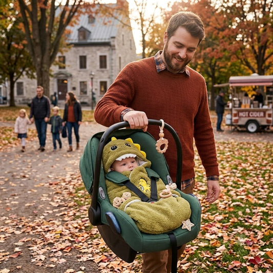 Papa transporte bébé dans son nid d'ange, bebe dans cosy en automne