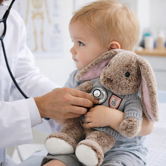 bébé avec Peluche-lapin-chez-docteur