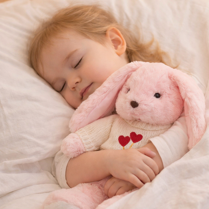 Peluche lapin rose dans bras fillette dort