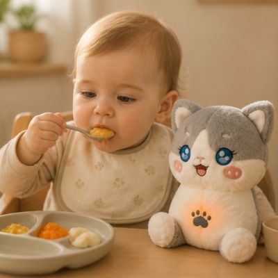 Peluche-qui-respire-Luminous-mange-avec-bébé
