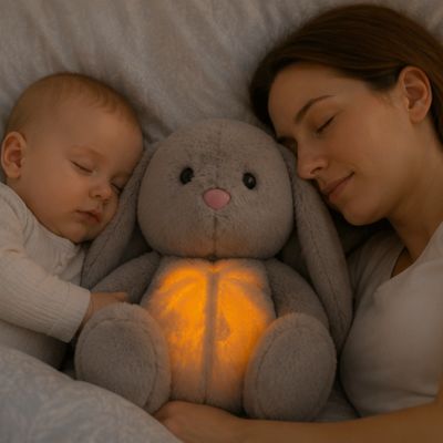 Peluche qui respire avec maman et bébé