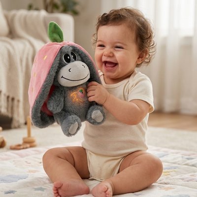 Peluche qui respire dans bras bébé qui rit