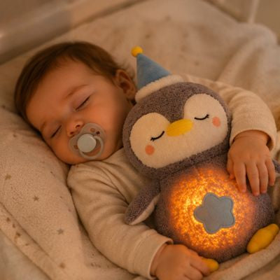Peluche qui respire pingouin dort contre bébé