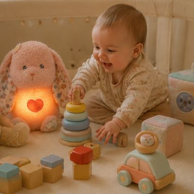 Peluche qui respire regarde bébé s'amuser