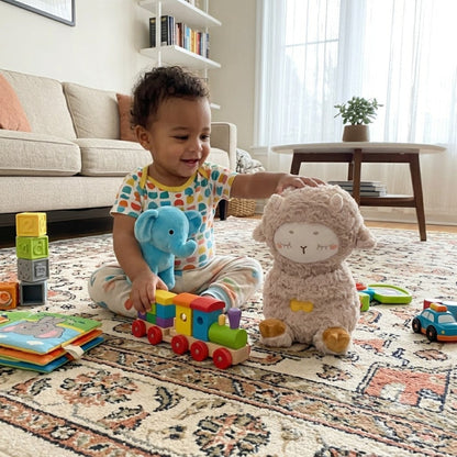 Peluche relaxante qui respire dans le salon avec bébé