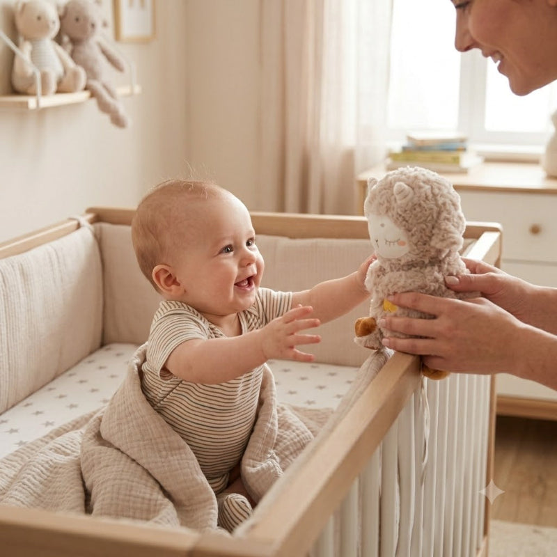 Peluche relaxante qui respire, tendue à bébé par maman