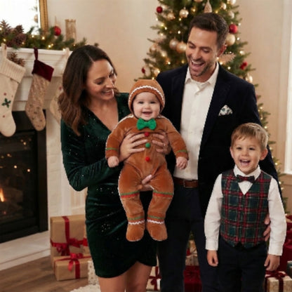 Photo de noel de famille avec bébé en pyjama noel pain d'épice