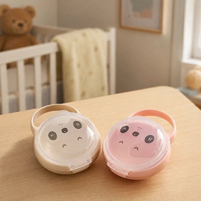 Porte tetine rose et beige sur table