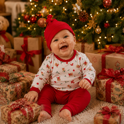 Pyjama-de-Noel-bebe-souriant-sous-le-sapin
