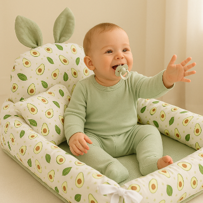 Bébé assis dans reducteur de lit pour bebe, dessin avocat,qui rit et tend le bras