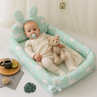 Bébé calme couché dans son reducteur de lit pour bebe dessins cygnes