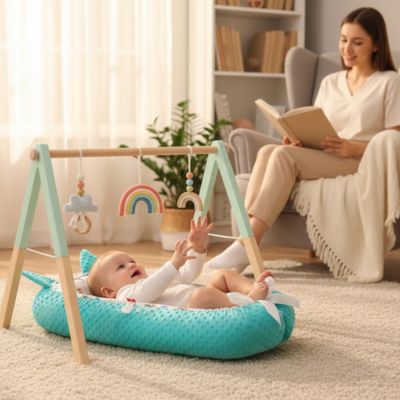 Réducteur de lit bébé ave -bébé qui s'amuse près maman lecture