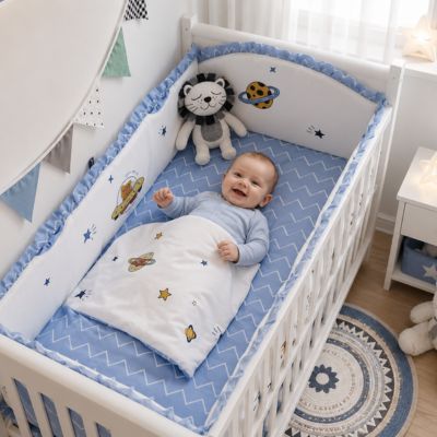 Tour de lit garçon avec sa doudou content