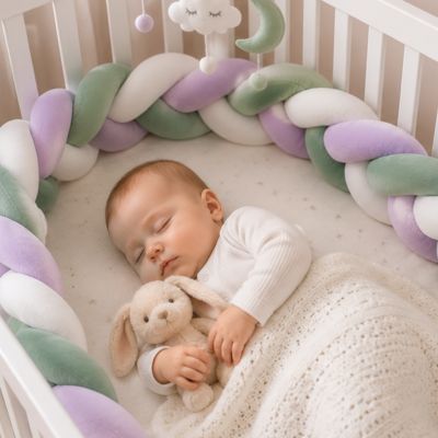 tour de lit tressé violet rose blanc bébé dort