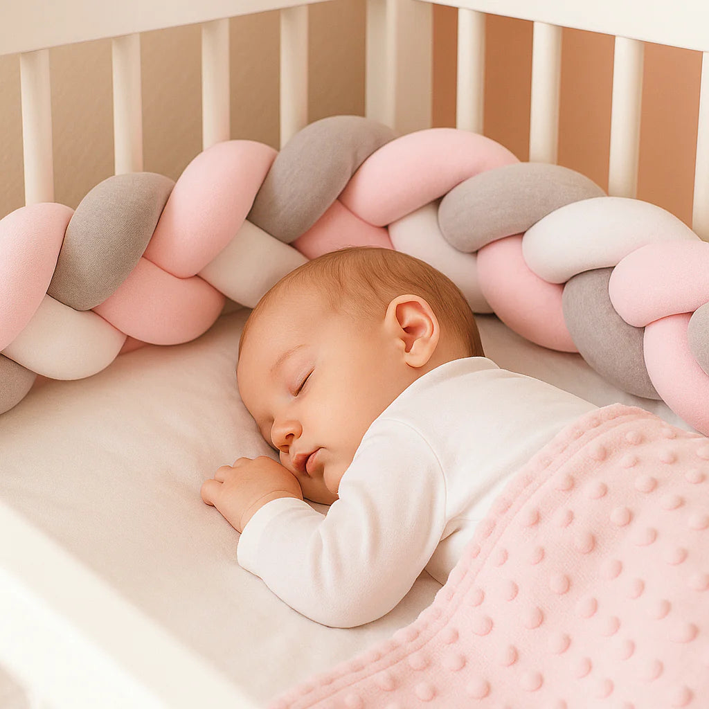 Tresse-de-lit-bebe-Rose-Gris-Blanc avec bébé qui dort paisiblement