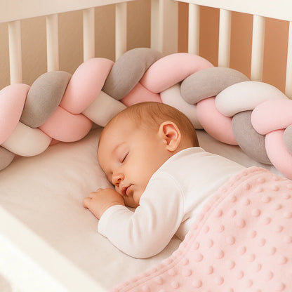 Tresse-de-lit-bebe-Rose-Gris-Blanc avec bébé qui dort paisiblement