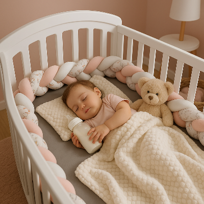 Tresse- de- lit -bebe-avec-dessins-oiseaux-entoure-bébé-dort-biberon-ourson