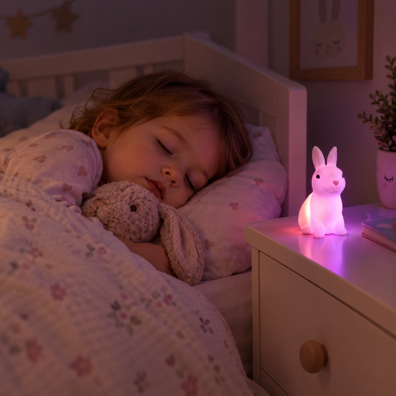Veilleuse lapin LED dans une chambre paisible