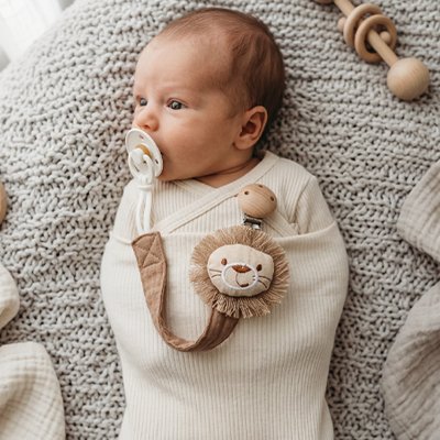 attache-tetine-adorable- tigre-sur-bébé-emmailloté