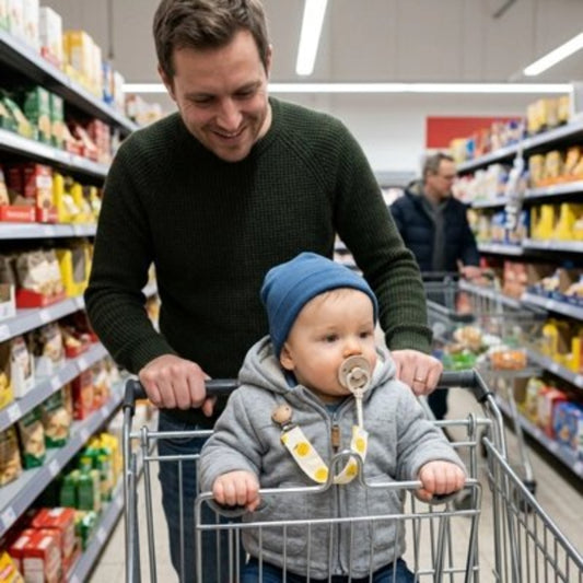 bébé dans panier épicerie avec papa et accroche tétine orange