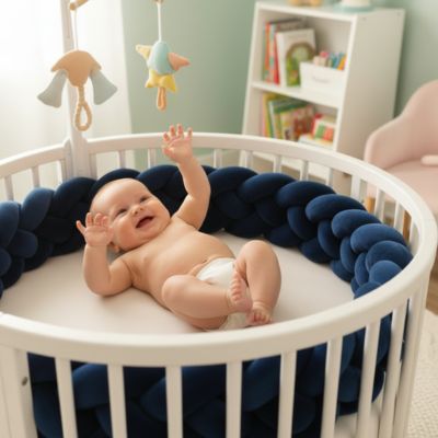 bébé veut attraper mobile dan son lit rond tresse de lit bébé