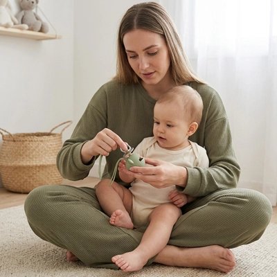 bébé assis sur maman regarde sa sucette dans porte sucette
