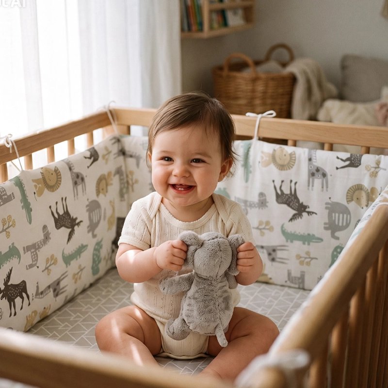 bébé avec ourson dans berceau et tour de lit bebe