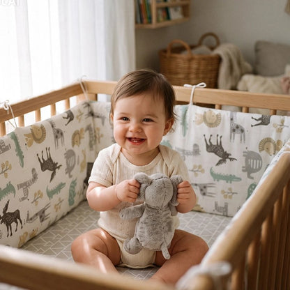 bébé avec ourson dans berceau et tour de lit bebe
